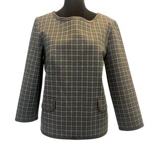 NWOT Max Studio Tartan Plaid Top Small 3/4 Sleeve Blue Green